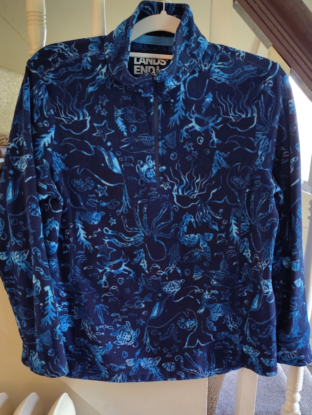 Lands' End Navy Fleece Pullover with Light Blue Ocean Motif